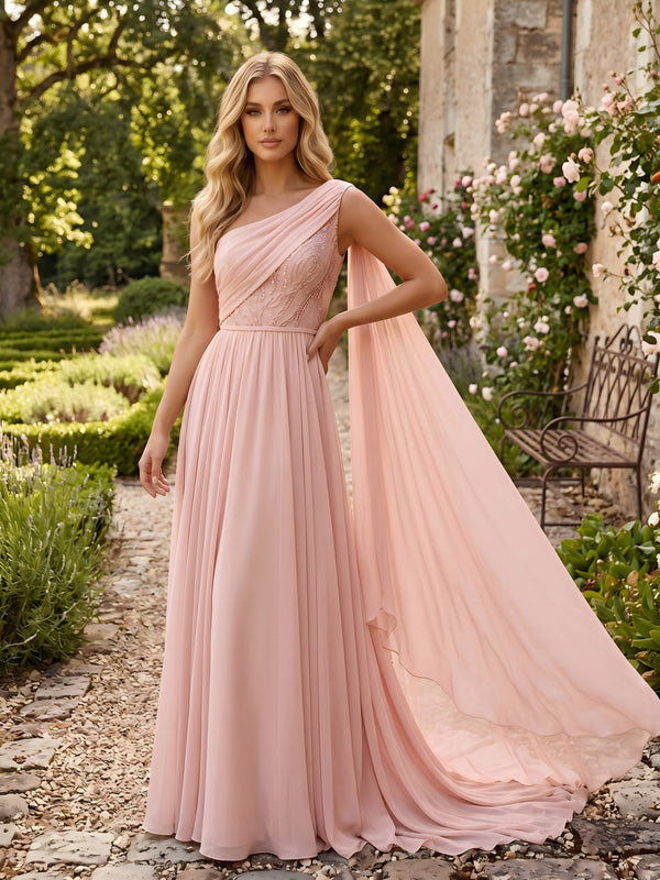 Chiffon A-Line One Shoulder Evening Dresses with Lace Applique