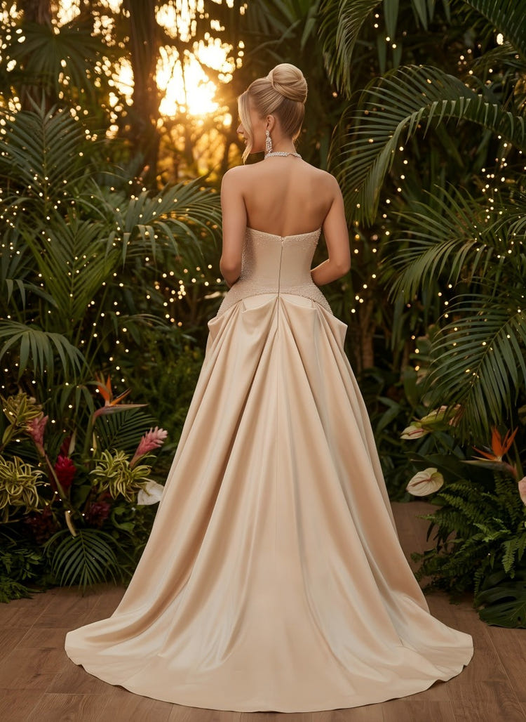 Satin A-Line Strapless Pleated Evening Dresses