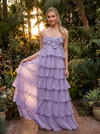 Chiffon Spaghetti Straps Formal Dresses with Layers & 3D Flowers