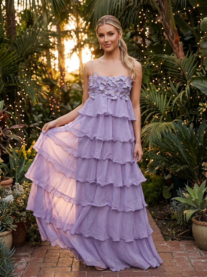 Chiffon Spaghetti Straps Formal Dresses with Layers & 3D Flowers