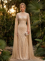 Tulle Sheath High Neck Evening Dresses with Sequin