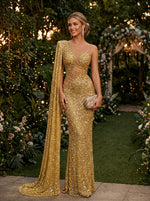 Sequin Mermaid Crew Neck Evening Dresses with Sash