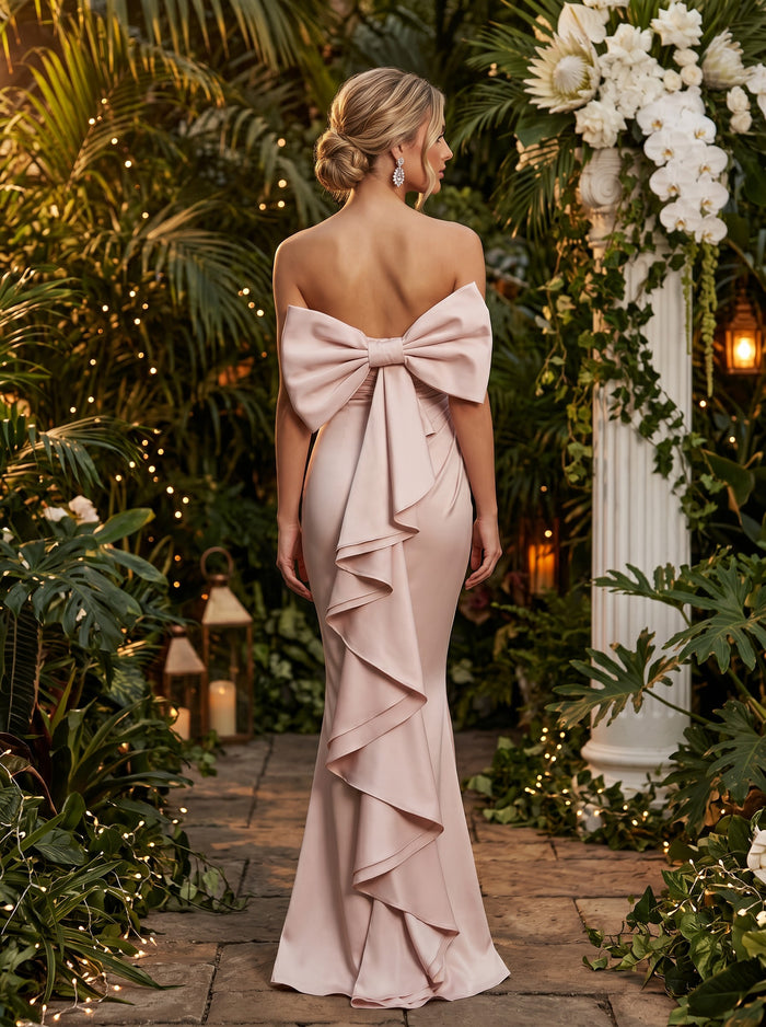 Elegant Satin Mermaid Strapless Evening Dresses with Bow