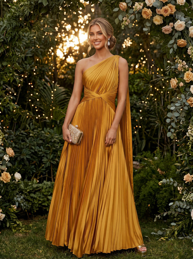 Satin A-Line One Shoulder Evening Dresses with Sash