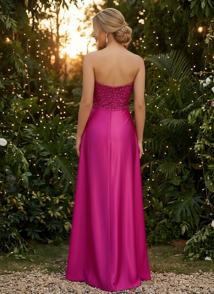 Satin Mermaid Strapless Evening Dresses with Side Slit