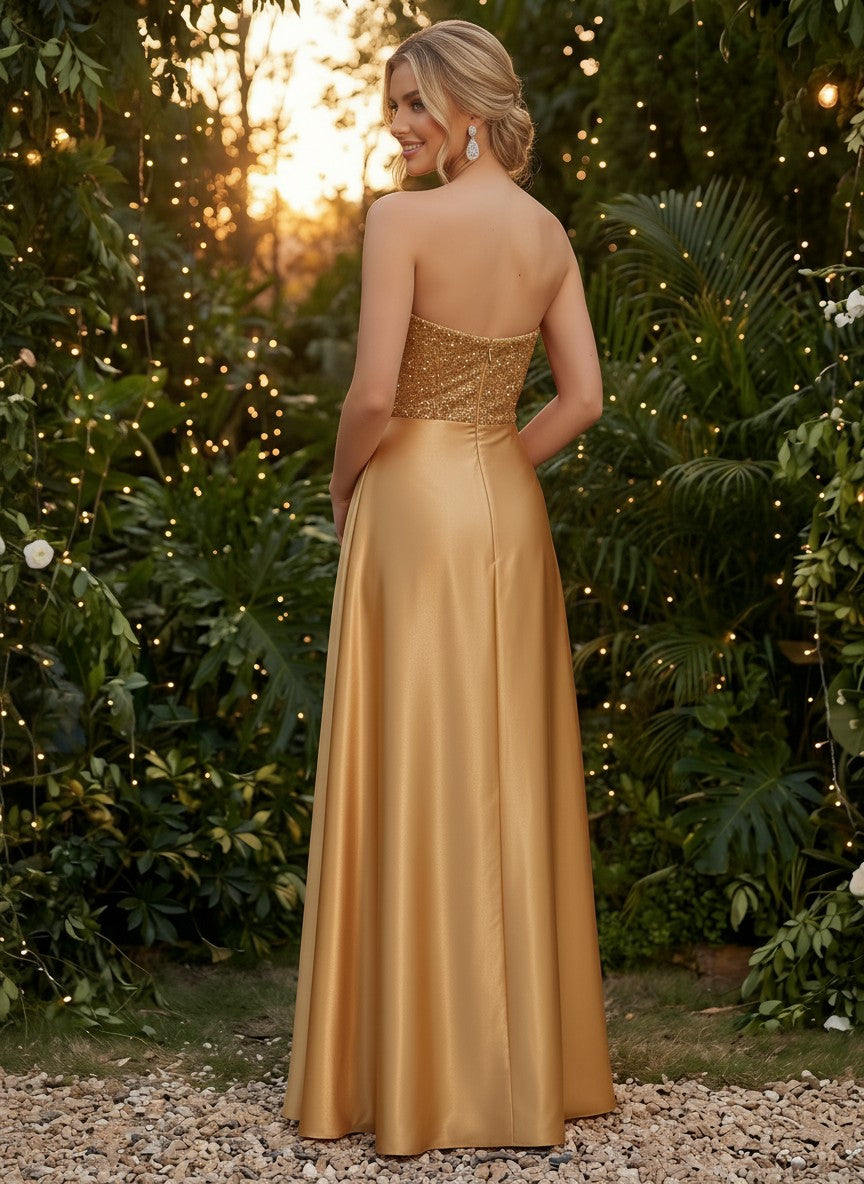 Satin Mermaid Strapless Evening Dresses with Side Slit