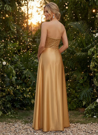 Satin Mermaid Strapless Evening Dresses with Side Slit