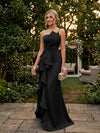 Satin Mermaid One Shoulder Evening Dresses with Ruffles