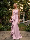 Satin Mermaid One Shoulder Evening Dresses with Ruffles