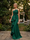 Satin Mermaid One Shoulder Evening Dresses with Ruffles