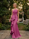 Satin Mermaid One Shoulder Evening Dresses with Ruffles