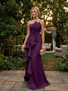 Satin Mermaid One Shoulder Evening Dresses with Ruffles