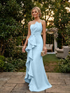 Satin Mermaid One Shoulder Evening Dresses with Ruffles