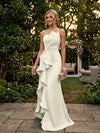 Satin Mermaid One Shoulder Evening Dresses with Ruffles