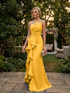 Satin Mermaid One Shoulder Evening Dresses with Ruffles