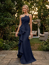 Satin Mermaid One Shoulder Evening Dresses with Ruffles