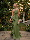 Satin Mermaid One Shoulder Evening Dresses with Ruffles