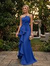 Satin Mermaid One Shoulder Evening Dresses with Ruffles