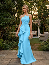Satin Mermaid One Shoulder Evening Dresses with Ruffles