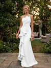 Satin Mermaid One Shoulder Evening Dresses with Ruffles