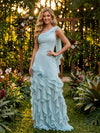 Chiffon Mermaid One Shoulder Evening Dresses with Ruffles