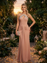 Satin Mermaid Halter Evening Dresses with Rhinestone