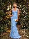 Tulle Mermaid Square Neck Evening Dresses with Embroidery
