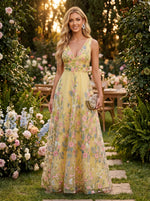 Tulle A-Line V Neck Evening Dresses with Embroidery
