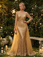Sequin Mermaid Crew Neck Evening Dresses with Lace Applique