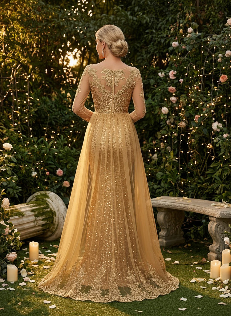 Sequin Mermaid Crew Neck Evening Dresses with Lace Applique