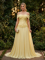 Chiffon A-Line Off the Shoulder Beaded Evening Dresses