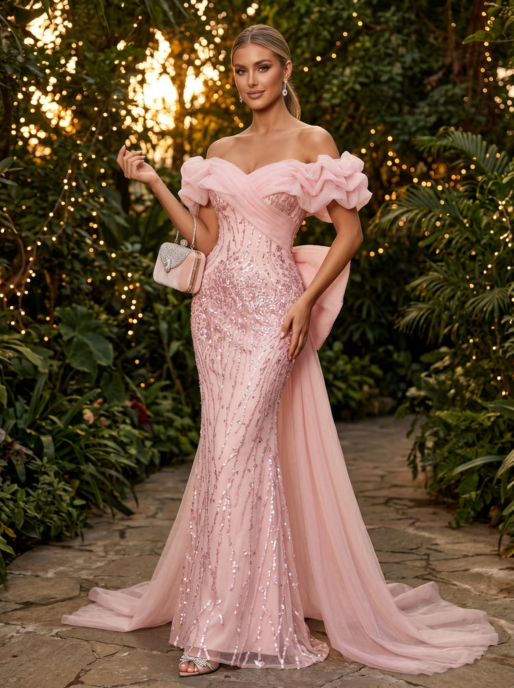 Tulle Mermaid Off the Shoulder Evening Dresses with Bow