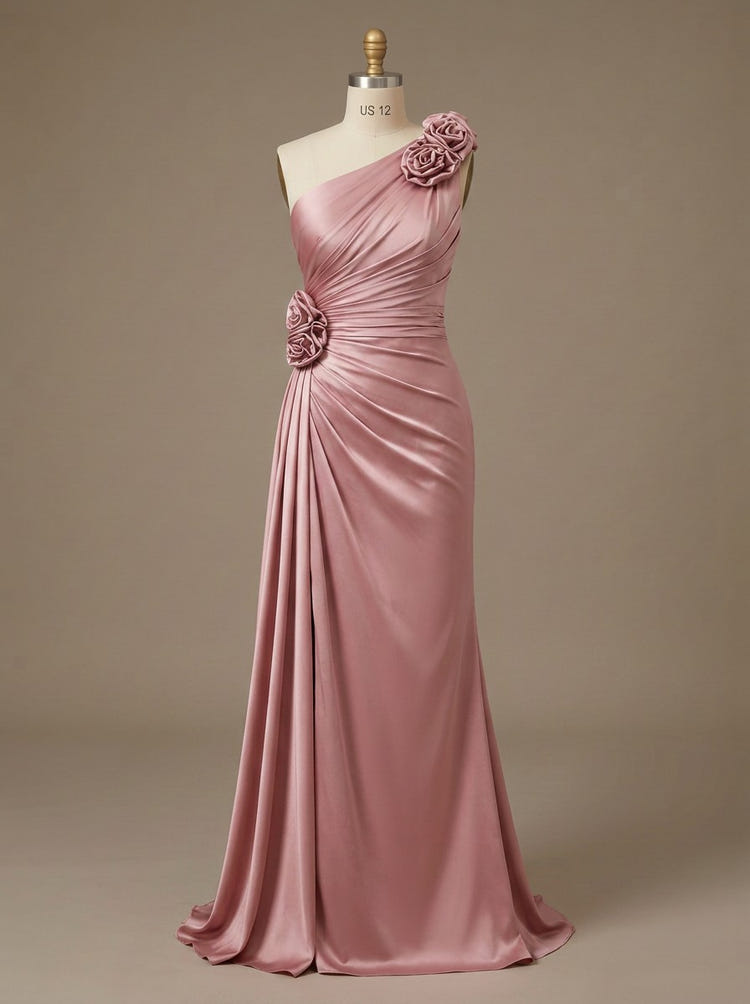 Satin A Line One Shoulder Evening Dresses with 3D Flowers