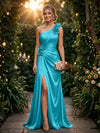 Satin A Line One Shoulder Evening Dresses with 3D Flowers