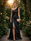 Satin A Line One Shoulder Evening Dresses with 3D Flowers