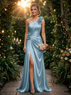 Satin A Line One Shoulder Evening Dresses with 3D Flowers