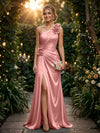 Satin A Line One Shoulder Evening Dresses with 3D Flowers