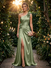 Satin A Line One Shoulder Evening Dresses with 3D Flowers