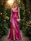Satin A Line One Shoulder Evening Dresses with 3D Flowers