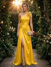 Satin A Line One Shoulder Evening Dresses with 3D Flowers