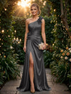 Satin A Line One Shoulder Evening Dresses with 3D Flowers