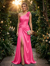 Satin A Line One Shoulder Evening Dresses with 3D Flowers