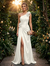 Satin A Line One Shoulder Evening Dresses with 3D Flowers