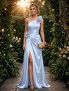 Satin A Line One Shoulder Evening Dresses with 3D Flowers