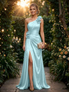 Satin A Line One Shoulder Evening Dresses with 3D Flowers