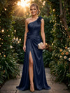 Satin A Line One Shoulder Evening Dresses with 3D Flowers