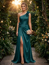 Satin A Line One Shoulder Evening Dresses with 3D Flowers