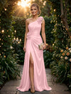 Satin A Line One Shoulder Evening Dresses with 3D Flowers