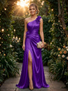 Satin A Line One Shoulder Evening Dresses with 3D Flowers