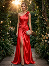 Satin A Line One Shoulder Evening Dresses with 3D Flowers
